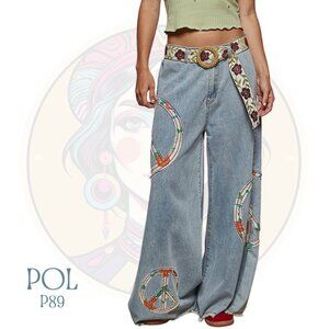 P89 POL Blue Peace Patch Wide Leg Denim Pants Jeans